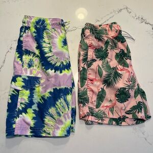Kids Swim Trunks 2x - Tie-Dye Blue and Pink Flamingo | size M
